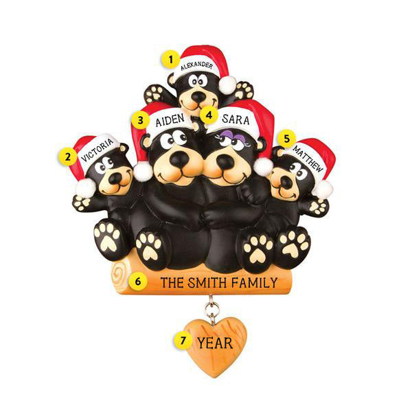 Black Bear Sitting on a Log Family of 5 Ornament for Christmas Tree