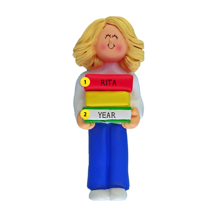 Book Reader Ornament - White Female, Blond Hair for Christmas Tree