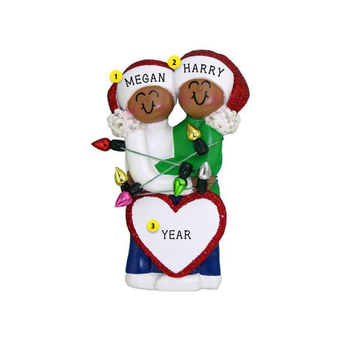 Couple Wrapped in Lights - African American personalized Christmas Ornament