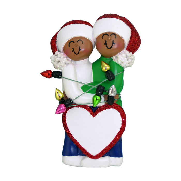 Couple Wrapped in Lights - African American personalized Christmas Ornament