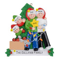 Personalized Family of Four Ornament depicting family decorating the Christmas tree with lights, ornaments, and a star