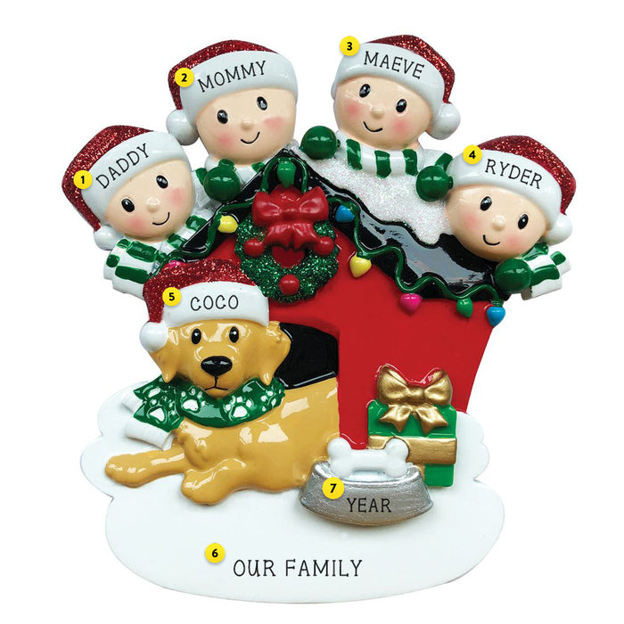 Family of 4 with Dog on doghouse resin ornament