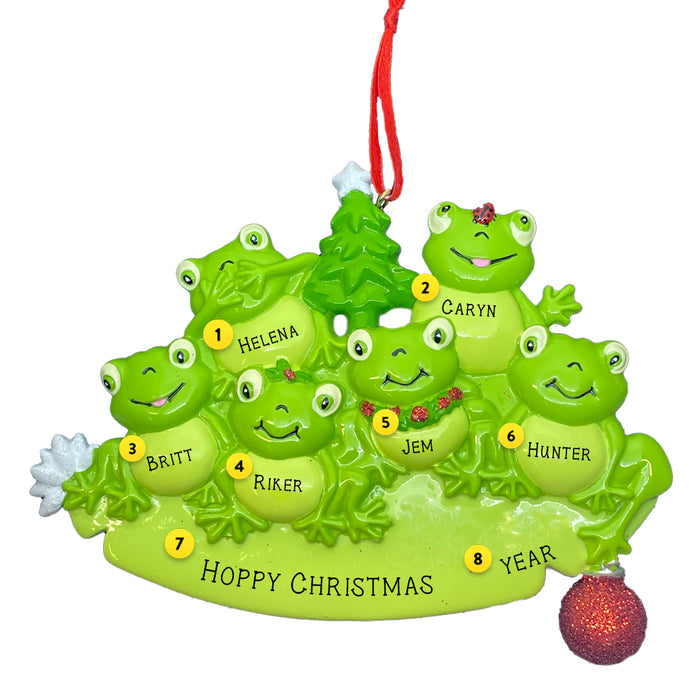 Frogs on a lily pad personalized family of 6 Christmas ornament