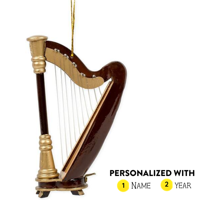 Personalized brown and gold harp Christmas ornament with name and year customization options