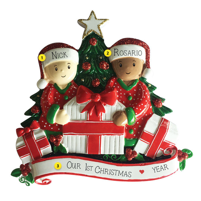 Interracial Couple Opening Presents on Christmas Ornament