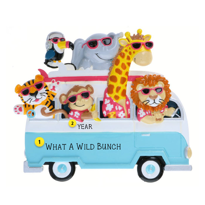 Personalized Family of 6 Ornament with zoo animals in a safari van