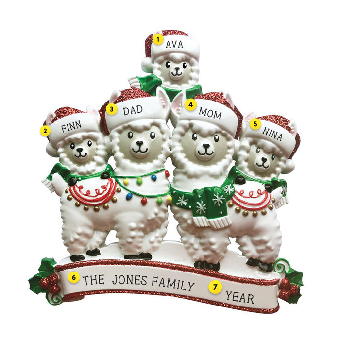 Llama Family of 5 with Santa Hats personalized resin ornament