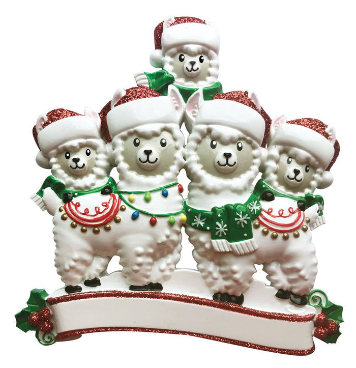 Llama Family of 5 with Santa Hats personalized resin ornament