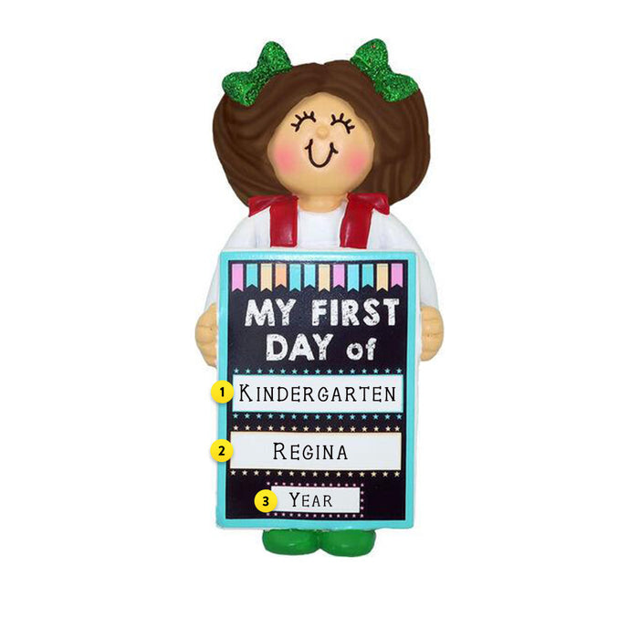 1st Day of School Christmas Tree Ornament- Female Brunette