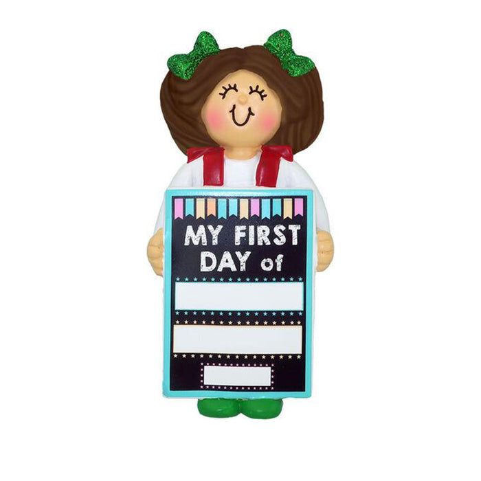 1st Day of School Christmas Tree Ornament- Female Brunette