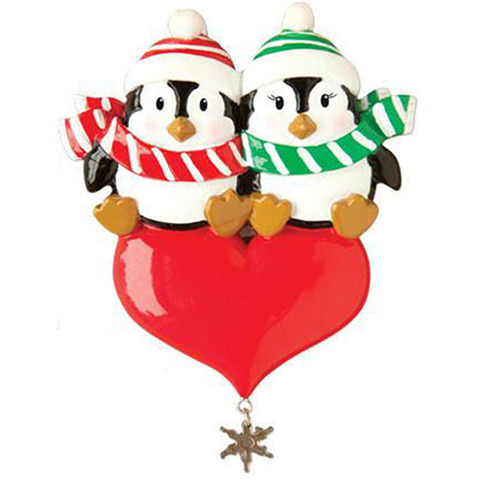 Penguin Couple Sitting on Heart Christmas Ornament