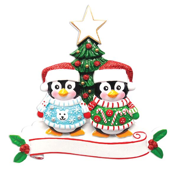 Personalized Penguin Couple Ugly Sweater Ornament