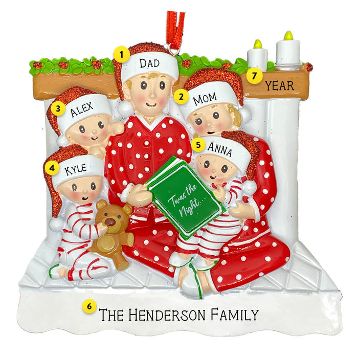 Personalized Family of 5 with 3 children in pajamas reading a book Christmas ornament