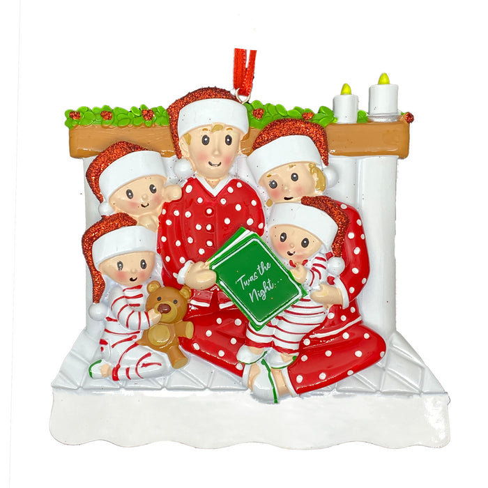 Family of Five Christmas Ornament Family in pajamas reading a book in bed