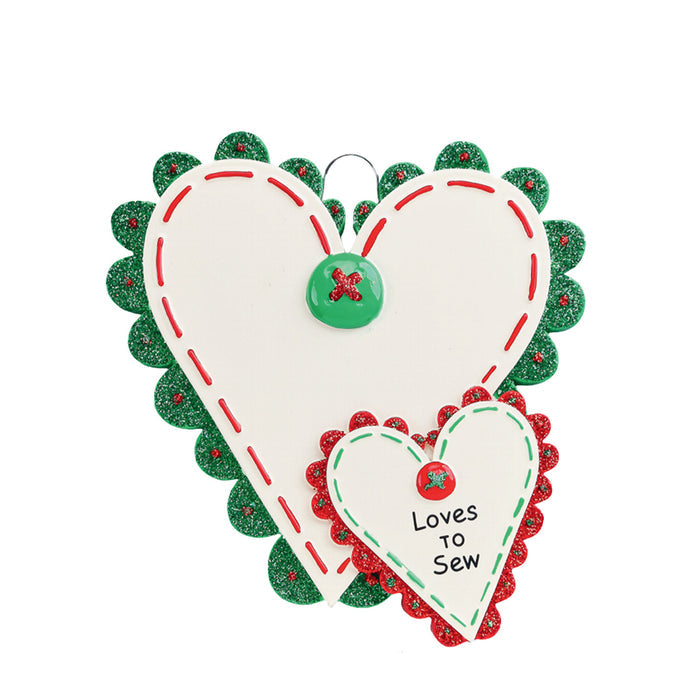 Personalized Sewing Christmas Ornament 2 Hearts with scalloped edges and the words "Loves to Sew"