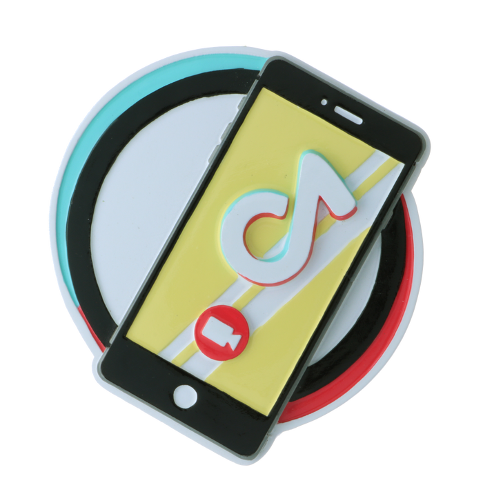 Blank social media video ornament shaped like a cell phone with a colorful app-inspired design.