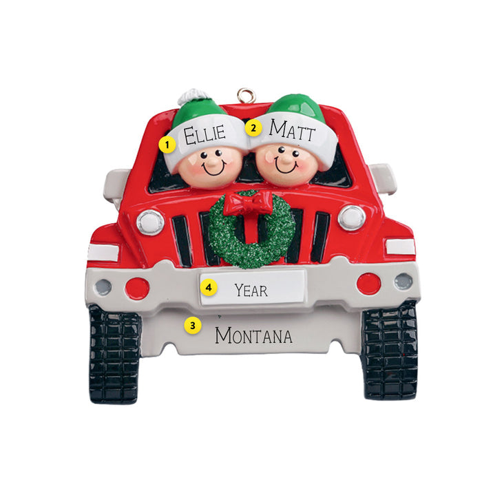 SUV Couple resin ornament can be personalized for the Christmas Tree