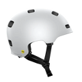 The POC Crane MIPS Helmet in Matte White features multiple ventilation holes, black adjustable straps, a dual-density liner for protection, and a yellow MIPS safety label on the lower back for rotational impact safety.
