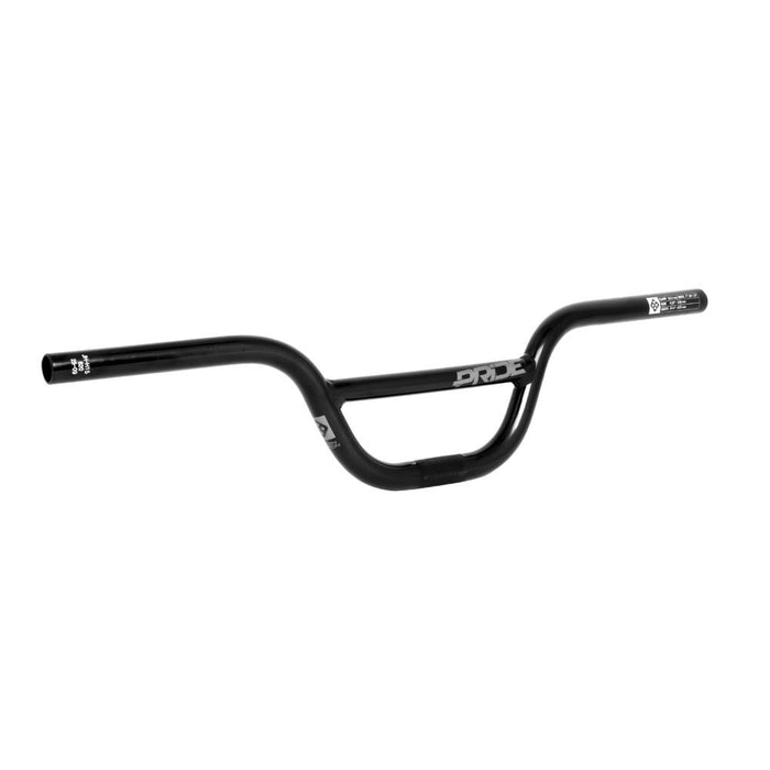 The Pride 373 Blanc Replica Alloy Bar (22.2mm Clamp) is a black BMX handlebar with a slight upward and backward sweep, featuring a crossbar for added strength and distinctive white printed logos—perfect for riders seeking high-quality replica alloy backsweep handlebars.