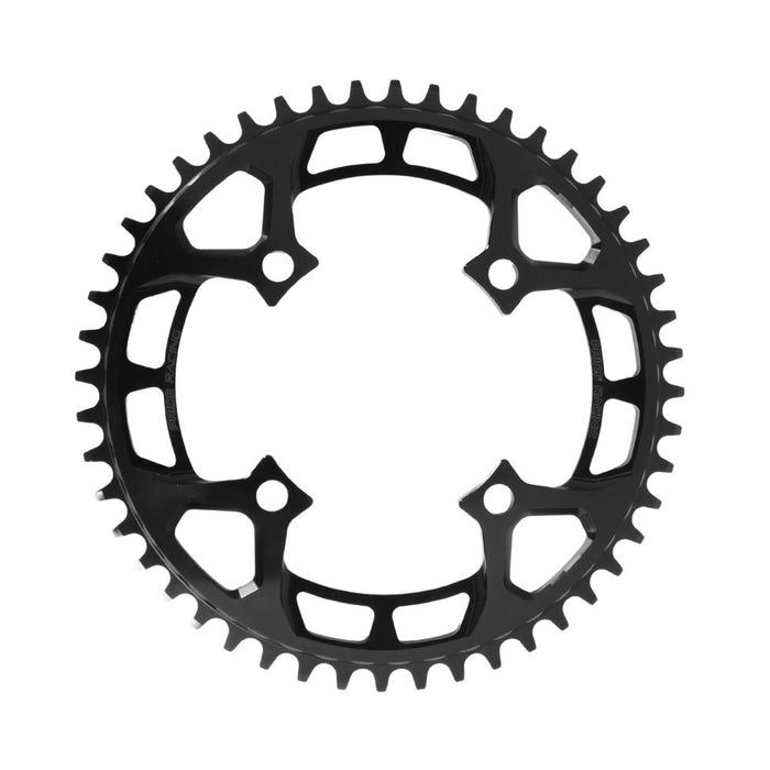 The PRIDE Newton 4 Bolt Chainring / Non-Threaded, made from durable 7075-T6 aluminium and featuring 38 precisely spaced teeth with five mounting holes, is designed as a high-performance race bike chainring and is shown against a white background.