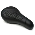 The Primo Breaker Pivotal Seat is a black BMX seat with “PRIMO” embossed on top, showcasing visible stitching and a textured leather-like surface. This fat pivotal seat is designed for style and comfort, offering a durable option for your bike.