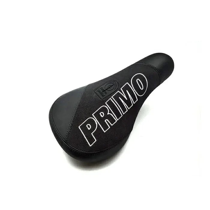 The Primo Breaker Pivotal Seat is a durable black BMX seat featuring the word “PRIMO” in bold white lettering across the top. Designed with a fat pivotal style, it’s an excellent choice for riders seeking both comfort and standout looks, shown here against a plain white background.