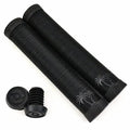 Two black Primo Cali Grips / Supersoft ribbed cylindrical bicycle handlebar grips featuring palm tree designs and a comfortable supersoft ribbed pattern for enhanced grip, accompanied by two matching end caps, displayed on a white background.