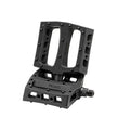 The Primo JJ Palmere Signature Plastic Pedals are black bicycle pedals featuring a rectangular design, textured surface, and multiple cut-outs for optimal grip. Shown at an angle against a white background, these impact-resistant pedals are built for performance and equipped with strong chromoly spindles to ensure enhanced durability on every ride.