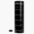 A cylindrical black metal container with silver diagonal lines, featuring the word “PRYMO” on top and a detached round cap beside it—evoking the sleek design and sturdy construction of Primo Master Pegs built for a 14mm axle.