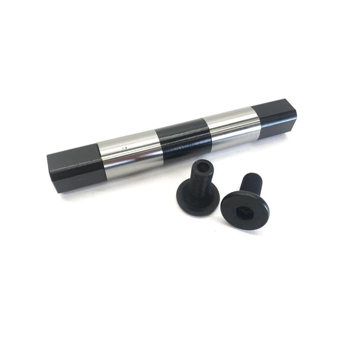 The Primo Powerbite Hollow Spindle and Bolts set features a metal hexagonal bar with alternating black and silver sections, accompanied by two black hex socket cap screws—perfect for use with Primo bolts or a Powerbite spindle.