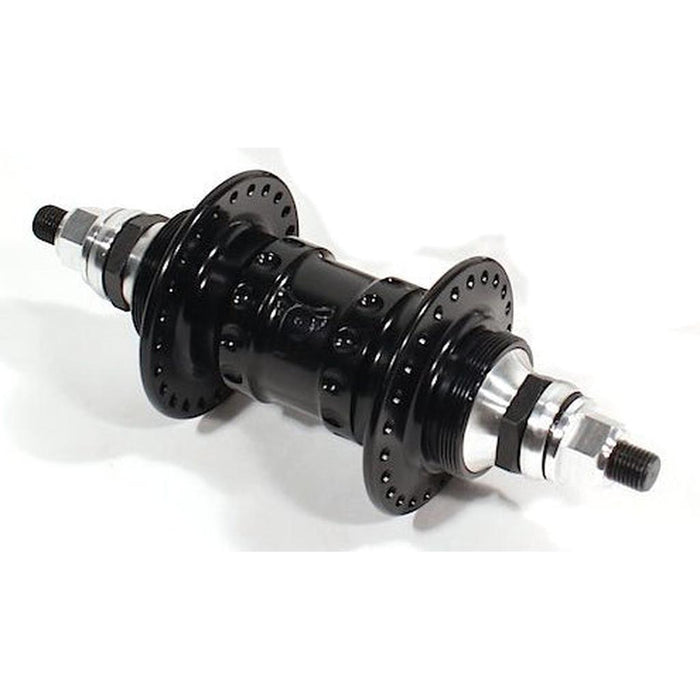 The Profile High Flange Freewheel Rear Hub (36 Hole) in black and silver features high flanges, visible spoke holes, and axle bolts on both sides, displayed against a white background.