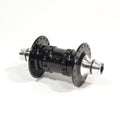 The Profile High Flange Front Hub (36 Hole) features a black and silver high-flange design with axle, shown on a white background.