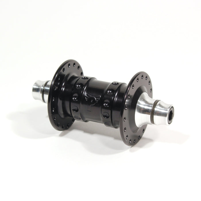 The Profile High Flange Front Hub (36 Hole) features a black and silver high-flange design with axle, shown on a white background.