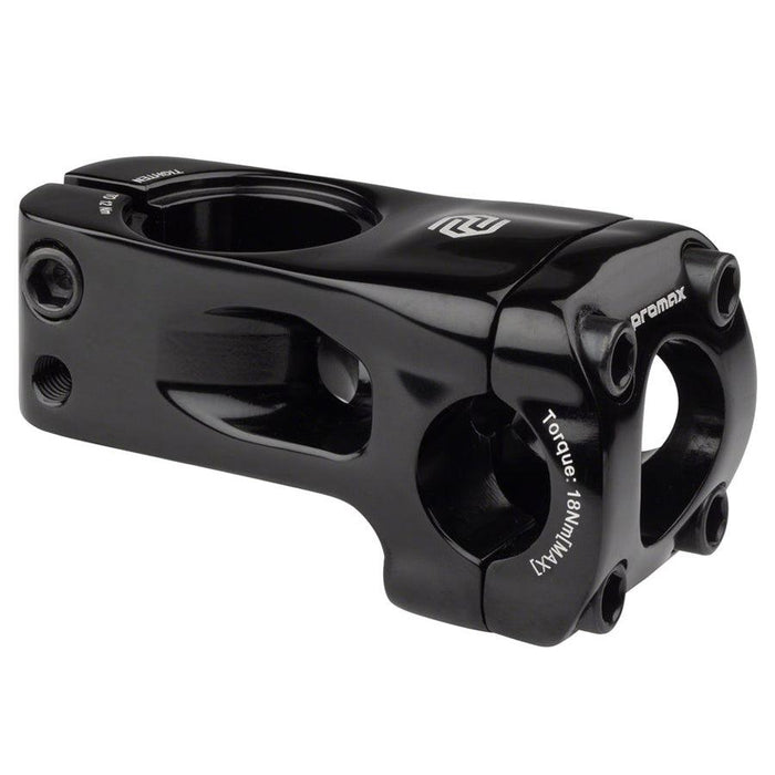 The Promax Banger Stem (22.2mm Clamp) is a black aluminum front-load stem featuring four front bolts and two side bolts for secure attachment of handlebars to the steerer tube, making it ideal for BMX racing applications.