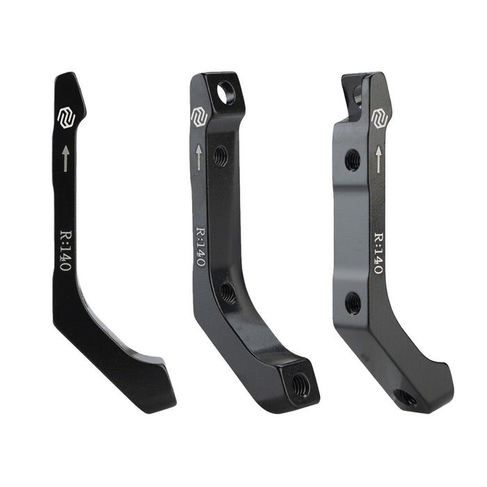 Three black Promax Disc Brake Adaptor Flat Mount to Post Mount Rear units for 140mm rotors, marked "R-140" with arrows, are shown from various angles against a white background.