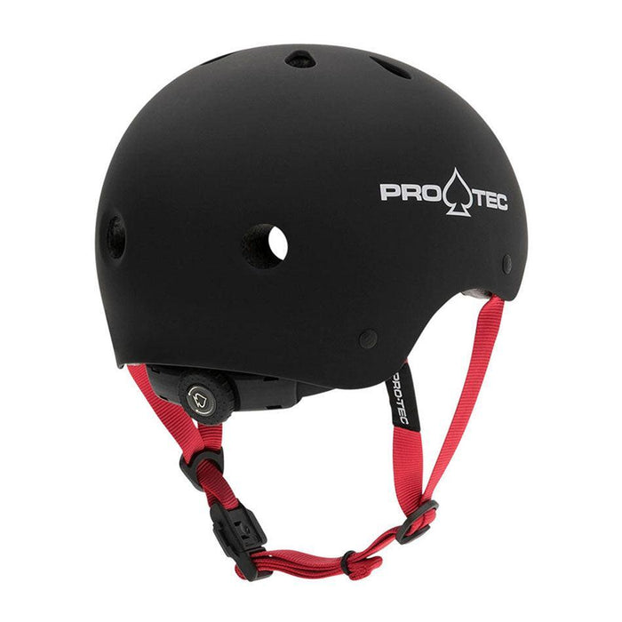 A black PROTEC - JR CLASSIC FIT CERTIFIED helmet features ventilation holes, red adjustable chin straps, and EPS foam padding for a custom fit, displayed against a white background.
