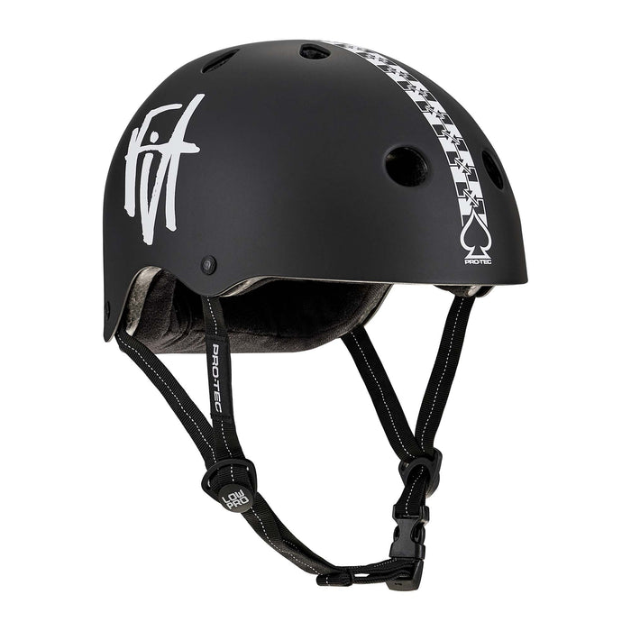 The Protec Fit Bike Co Low Pro Certified Helmet is a black skate helmet featuring a white checker stripe, spade logo, and handwritten-style graphic. It offers high-impact ABS protection, ventilation holes for airflow, and an adjustable chin strap for a customizable fit.