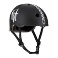 The Protec Fit Bike Co Low Pro Certified Helmet is a black skate helmet featuring a white checker stripe, spade logo, and handwritten-style graphic. It offers high-impact ABS protection, ventilation holes for airflow, and an adjustable chin strap for a customizable fit.