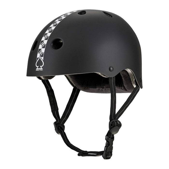 The Protec Fit Bike Co Low Pro Certified Helmet features a matte black finish with a distinctive white spade and cross pattern on top, strategically placed ventilation holes, and an adjustable chin strap for comfort. Built with high-impact ABS protection, this helmet offers the slimmest-profile shape for a sleek appearance and customizable fit.