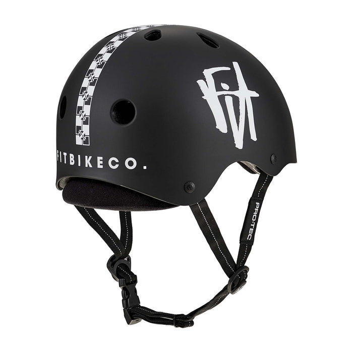Protec Fit Bike Co Low Pro Certified Helmet in matte black with a white "FIT" logo, checkered stripe, ventilation holes, and adjustable black straps, offers high-impact ABS protection for safety and a customizable fit for maximum comfort.