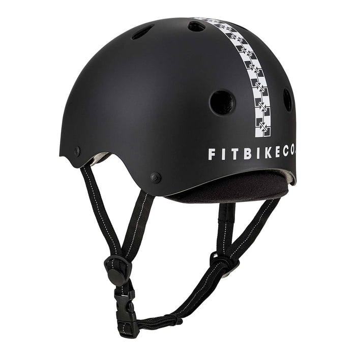 The Protec Fit Bike Co Low Pro Certified Helmet features a matte black finish with a checkered stripe, ventilation holes, and "FITBIKECO." branding on the side. This helmet boasts a slimmest-profile design with high-impact ABS protection and includes a black adjustable chin strap for a customizable fit.