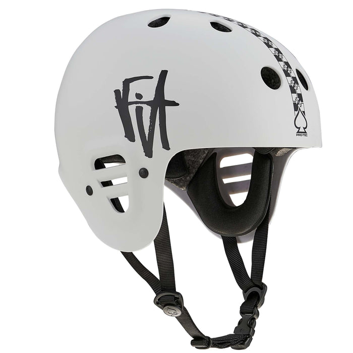 The Protec Full Cut Certified Helmet / Fit Bike Signature features bold "Fit" lettering, a checkered stripe, strategic ventilation holes, an adjustable chin strap, and a cushioned interior. Constructed from high-impact ABS for long-lasting durability, this action sports helmet delivers dependable protection while maintaining standout style.