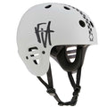 The Protec Full Cut Certified Helmet / Fit Bike Signature features bold "Fit" lettering, a checkered stripe, strategic ventilation holes, an adjustable chin strap, and a cushioned interior. Constructed from high-impact ABS for long-lasting durability, this action sports helmet delivers dependable protection while maintaining standout style.