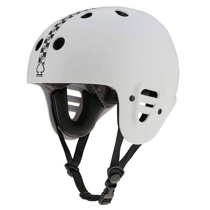 Protec Full Cut Certified Helmet / Fit Bike Signature featuring black adjustable chin straps, ventilation holes, a high-impact ABS shell, and a black spade logo with checkered detail on the side.