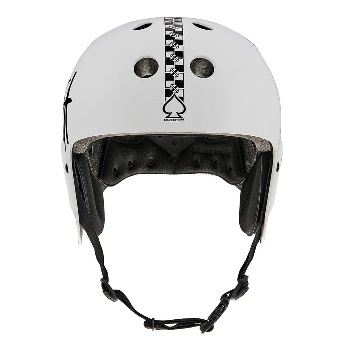 The Protec Full Cut Certified Helmet / Fit Bike Signature is a high-impact ABS action sports helmet featuring a white shell with a bold black spade and star graphic down the center, ventilation holes for breathability, full ear coverage, and an adjustable chin strap for a secure fit.