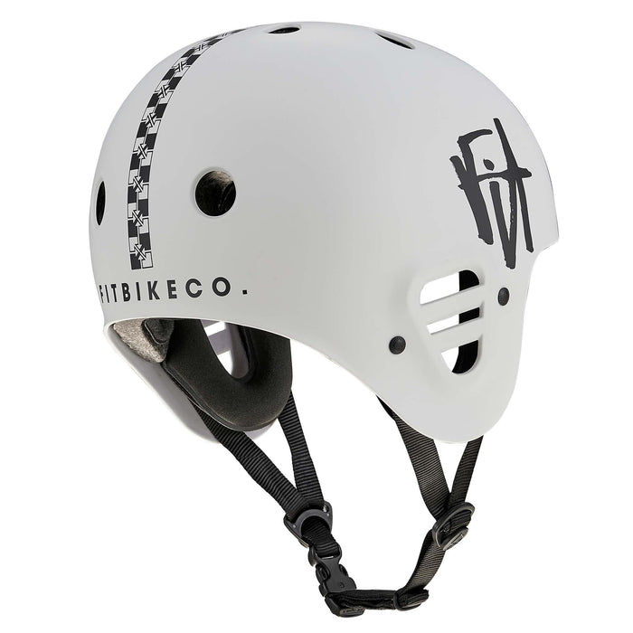 Protec Full Cut Certified Helmet / Fit Bike Signature—this white action sports helmet features striking black graphics, high-impact ABS construction, multiple ventilation holes, and adjustable black chin straps, shown against a white background.