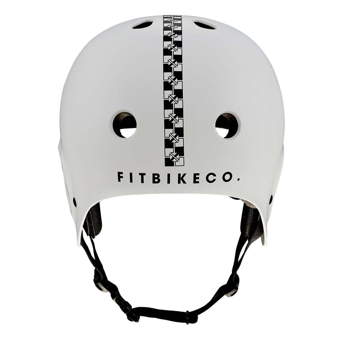 Protec Full Cut Certified Helmet / Fit Bike Signature—white action sports helmet with a high-impact ABS shell, featuring a black star pattern stripe down the center and "FITBIKECO." printed on the front, shown from the front view.