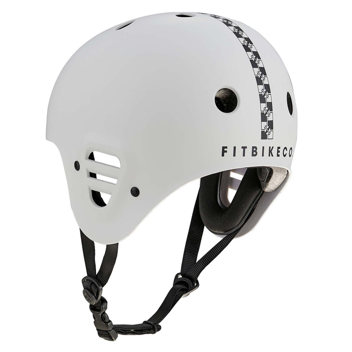Protec Full Cut Certified Helmet / Fit Bike Signature: This white action sports helmet features ventilation holes, black chin straps, and a distinctive checkered stripe design on top. Constructed from high-impact ABS for superior durability, it showcases the "FITBIKECO" logo printed on the side.