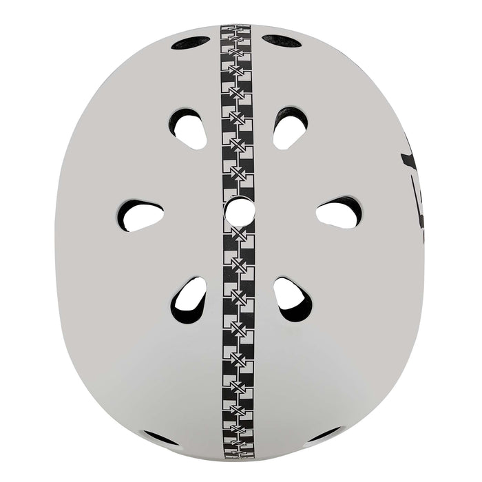 Protec Full Cut Certified Helmet / Fit Bike Signature in white, featuring a bold black star-patterned stripe along the center and six visible top-view ventilation holes; built with high-impact ABS for enhanced durability.