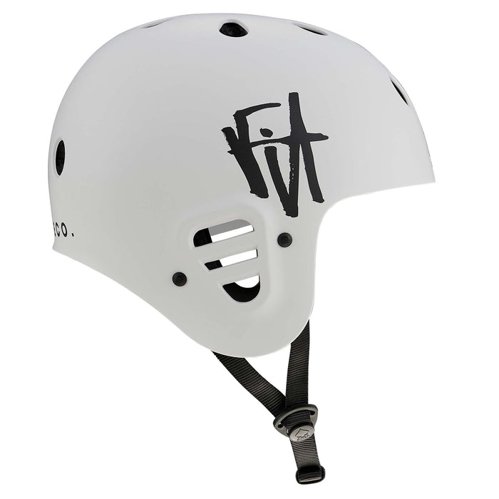 Protec Full Cut Certified Helmet / Fit Bike Signature: A white, high-impact ABS action sports helmet featuring a black "FIT" logo, black ventilation holes, and an adjustable black chin strap for reliable protection and classic style.
